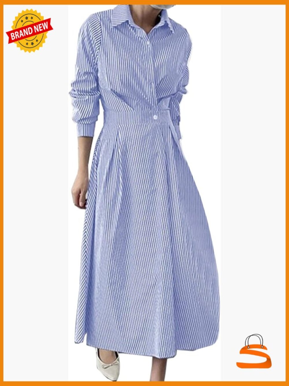 Elegant Striped Shirt Midi Dress Button Down Long Sleeve A-Line Wedding Guest - Picture 1 of 7